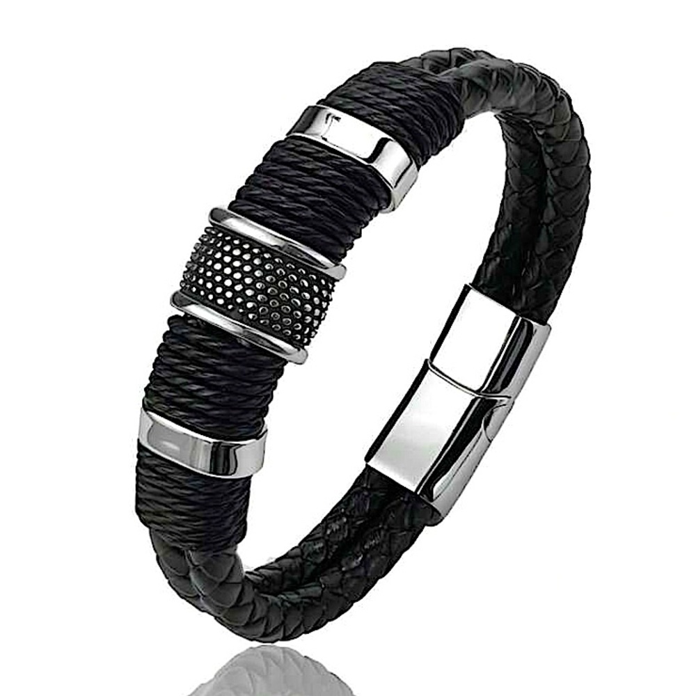 BLACK STAINLESS STEEL LEATHER BRACELET